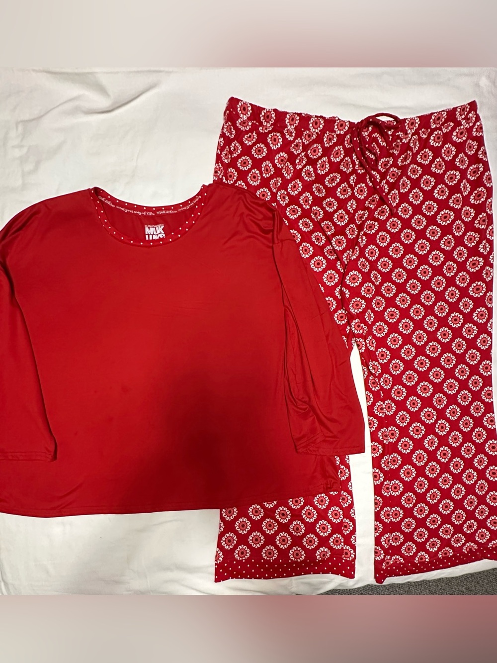 Muk Luks Red Long Bell-Sleeve Top with Red Floral Print Pajama Pants